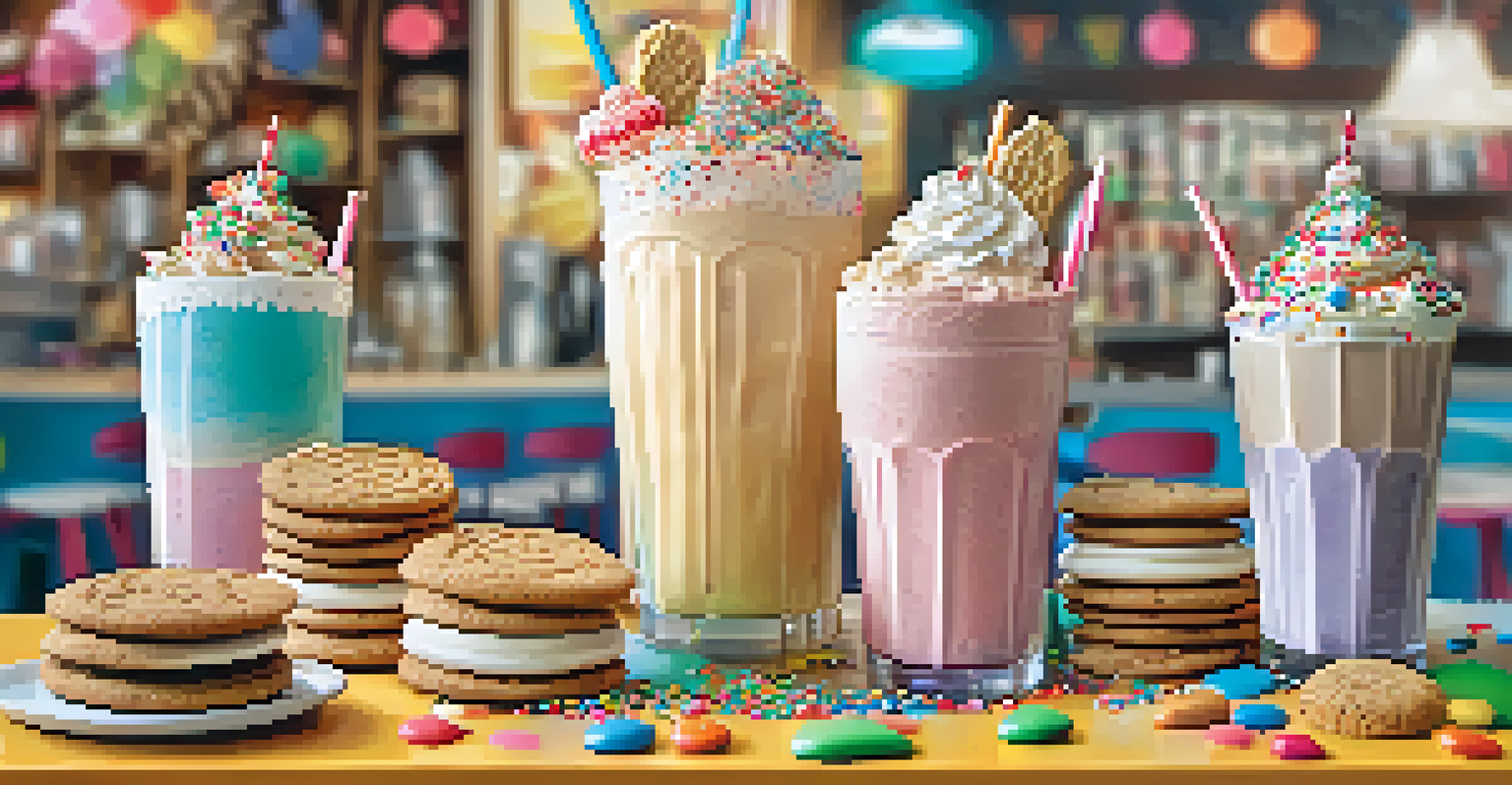 A colorful display of extravagant milkshakes at Great Shakes, featuring toppings like cookies and whipped cream.