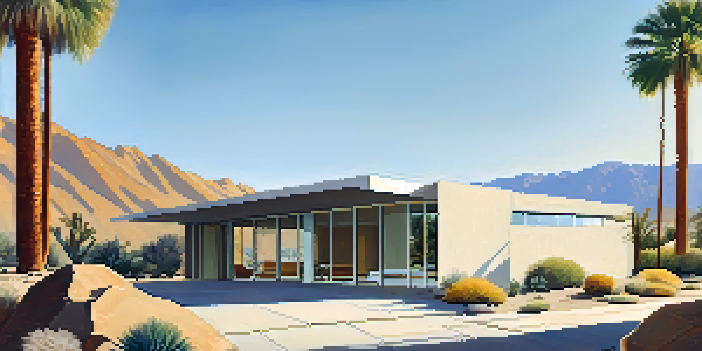 A modern house with large glass windows set against a desert backdrop, surrounded by colorful plants and illuminated by sunlight.