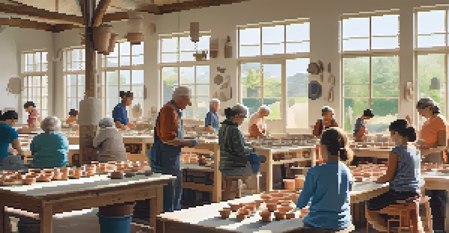 A pottery workshop with diverse participants at work, surrounded by clay and artwork in a bright studio with large windows.