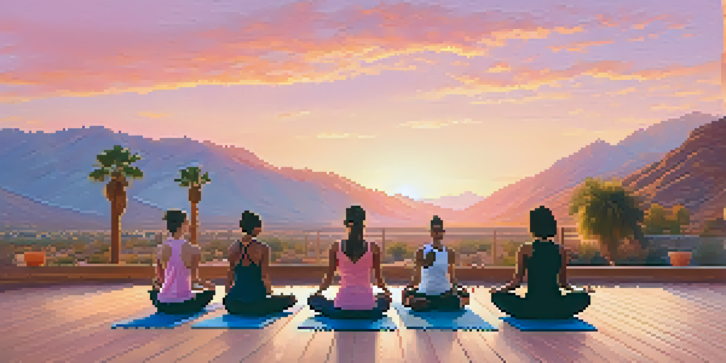 A group of people practicing yoga at sunrise in Palm Springs, with mountains in the background and soft pastel colors in the sky.