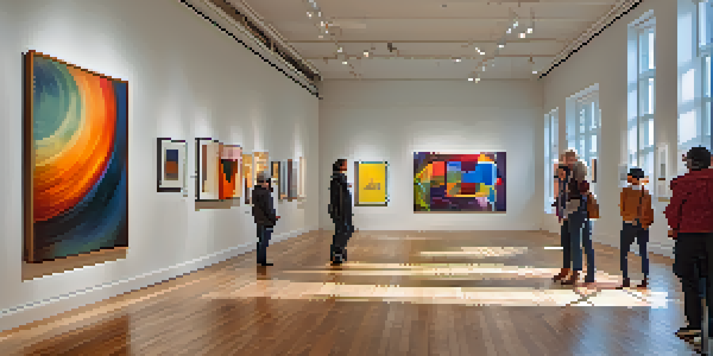 A lively art gallery showcasing colorful abstract photographs, with people interacting and warm lighting.