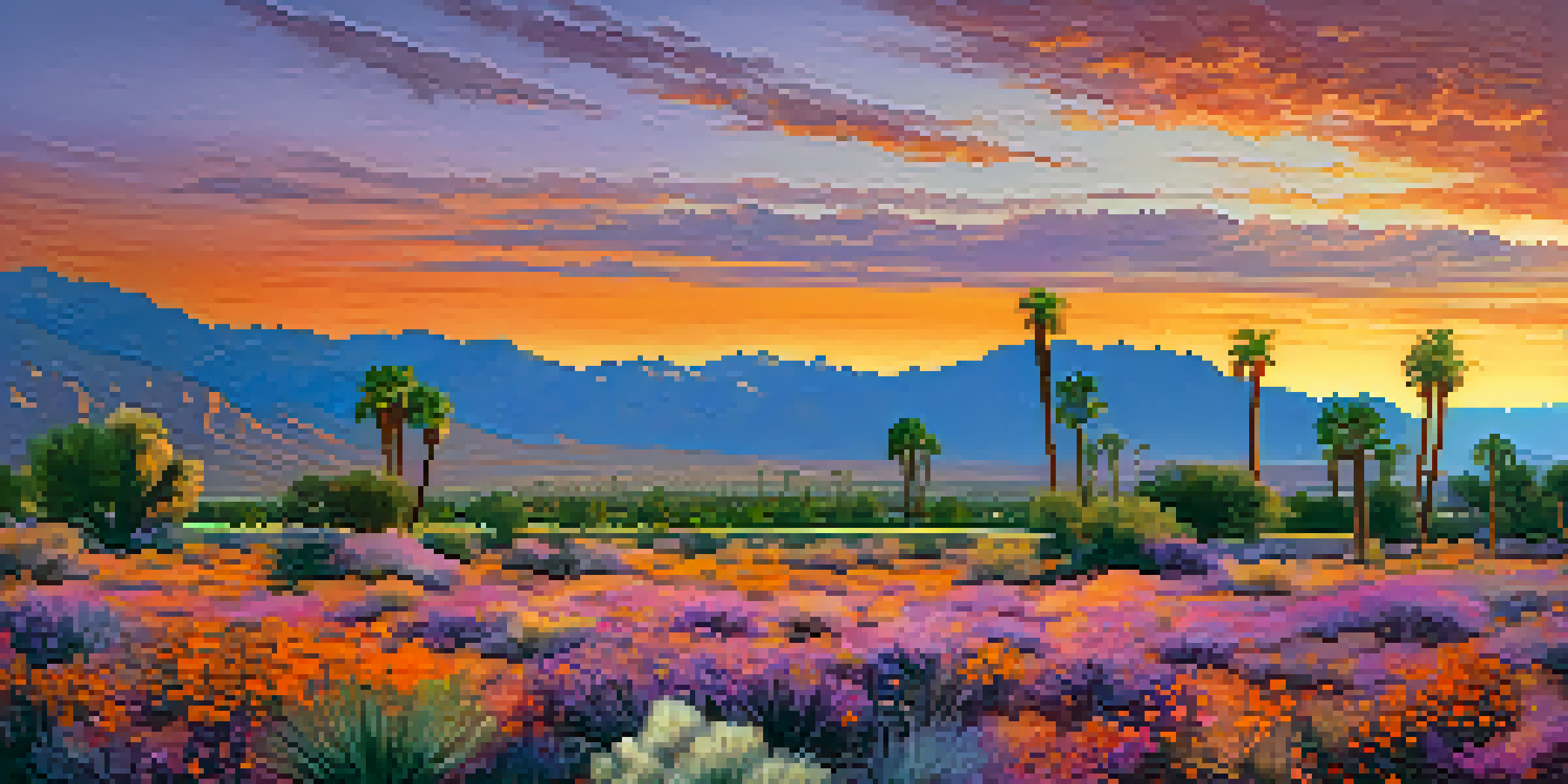 A colorful sunset over the Palm Springs desert with wildflowers in the foreground and mountains in the background.