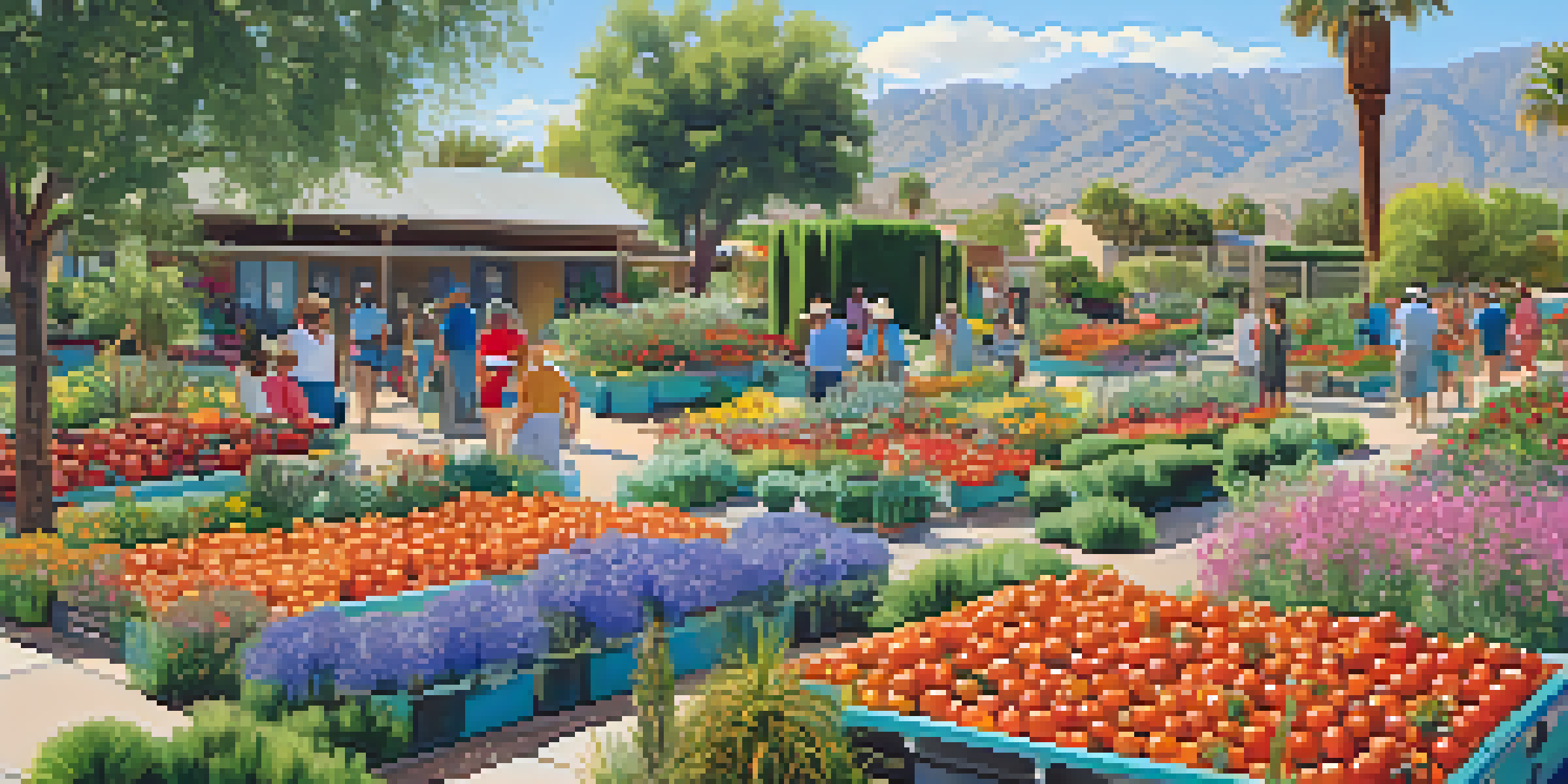 A lively community garden with blooming tomatoes and herbs, where neighbors chat under the sun, surrounded by palm trees and blue sky.