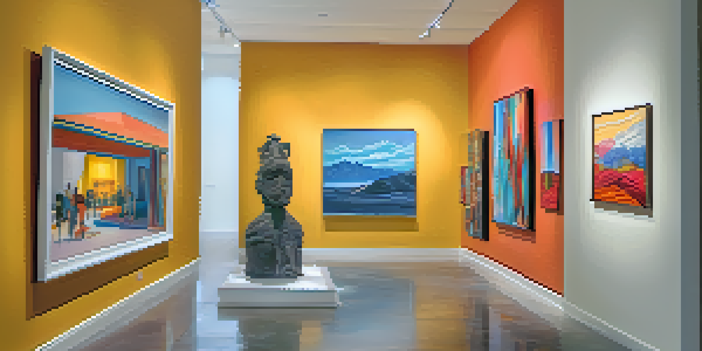 A colorful art gallery with visitors admiring contemporary artworks under warm lighting.