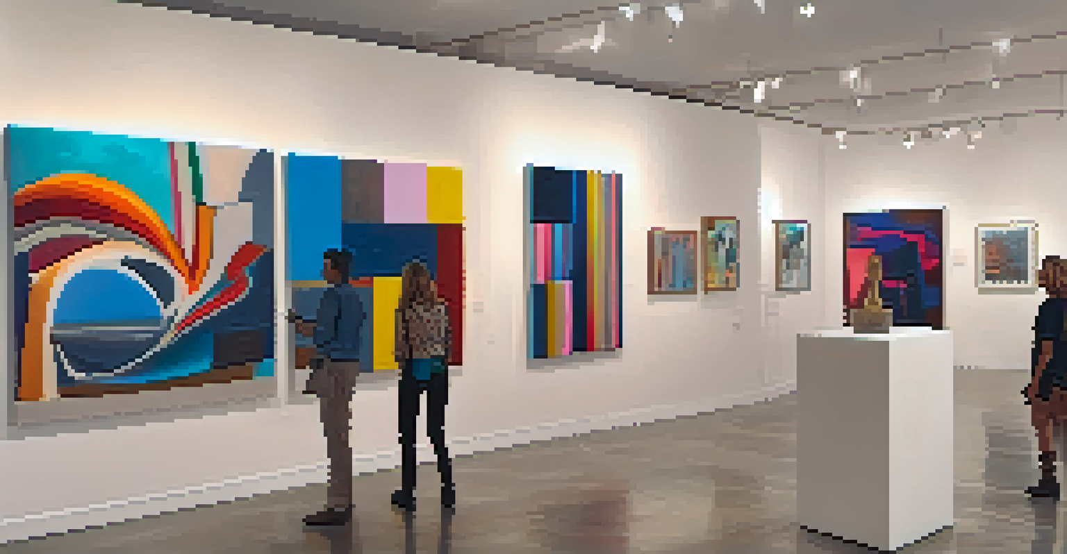 Inside a contemporary art gallery during the Palm Springs Art Walk, showcasing diverse artworks and visitors admiring the pieces.