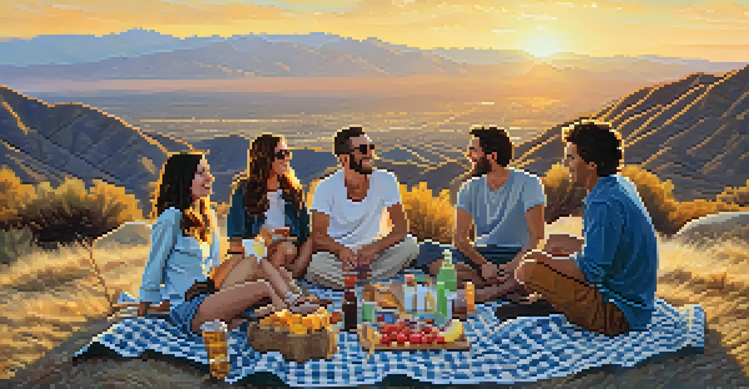 A group of friends having a picnic at a mountain summit, with sunset views of the valley.