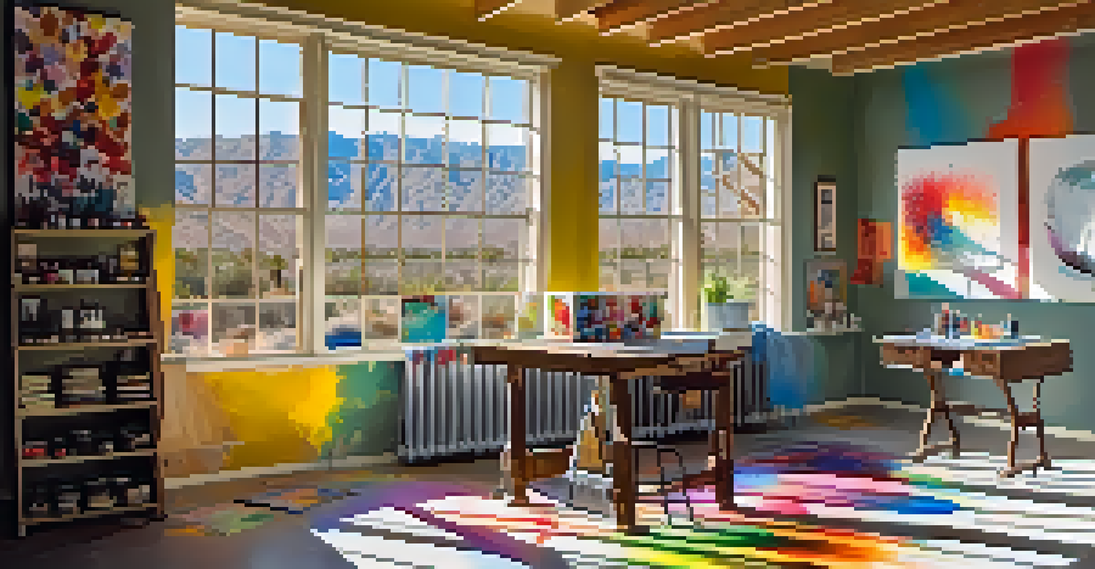 An artist's studio in Palm Springs with vibrant paintings, paint splatters, and sunlight illuminating the space.