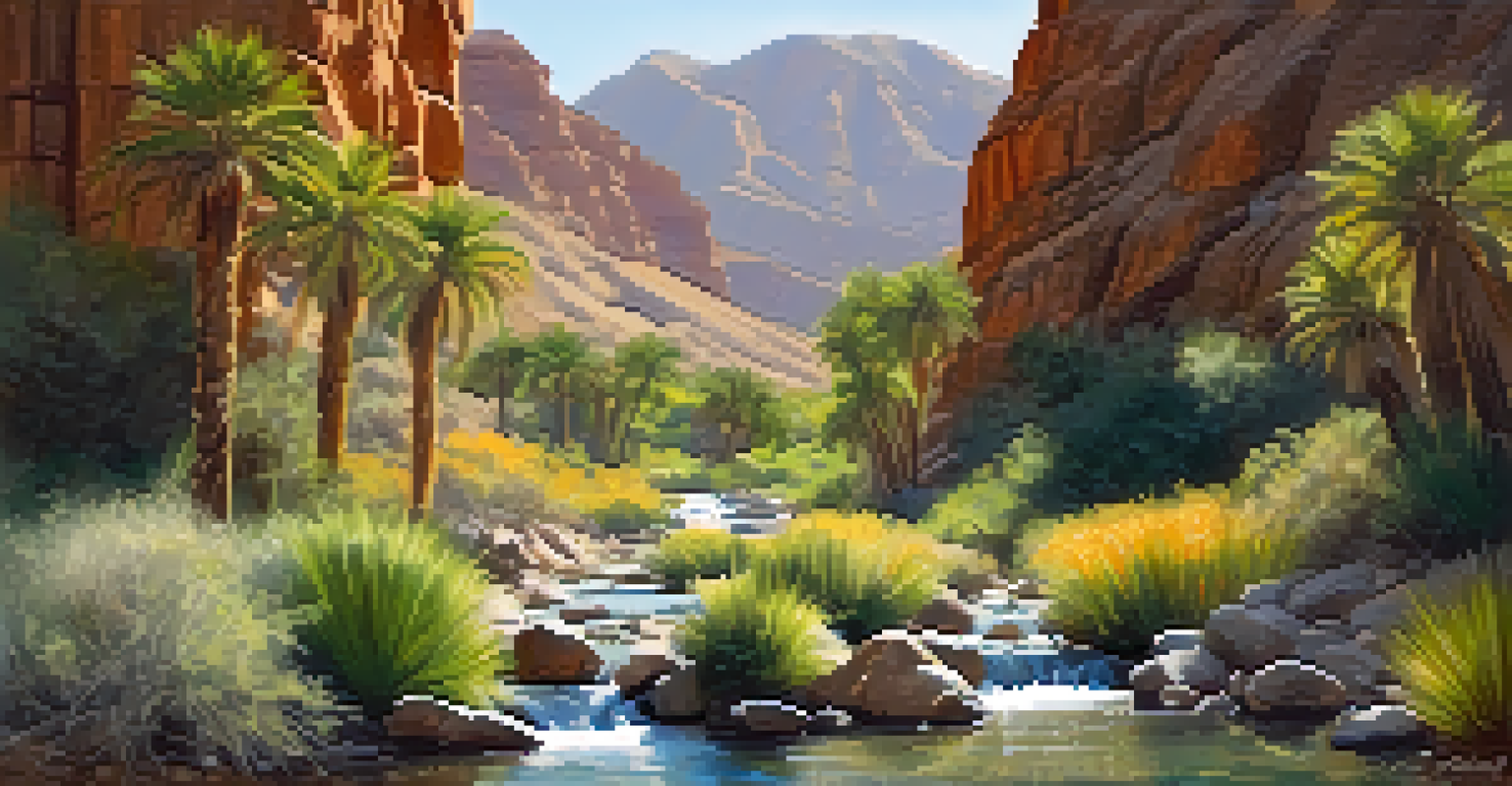 A peaceful view of Andreas Canyon in Indian Canyons, showcasing palm trees and a gentle stream.
