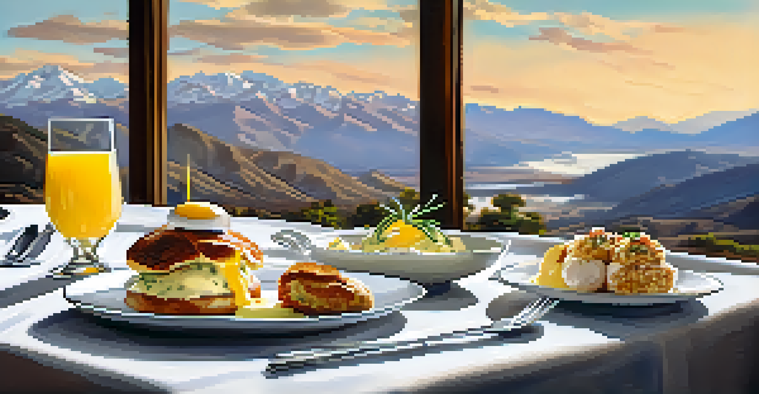 An elegant brunch table with Eggs Benedict and Crab Cake, set against the backdrop of the San Jacinto Mountains.