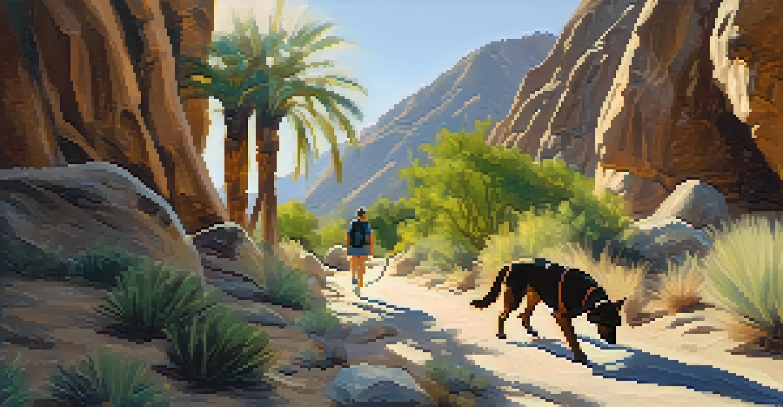 A scenic hiking trail in Indian Canyons with a person and a leashed dog surrounded by rock formations and greenery.