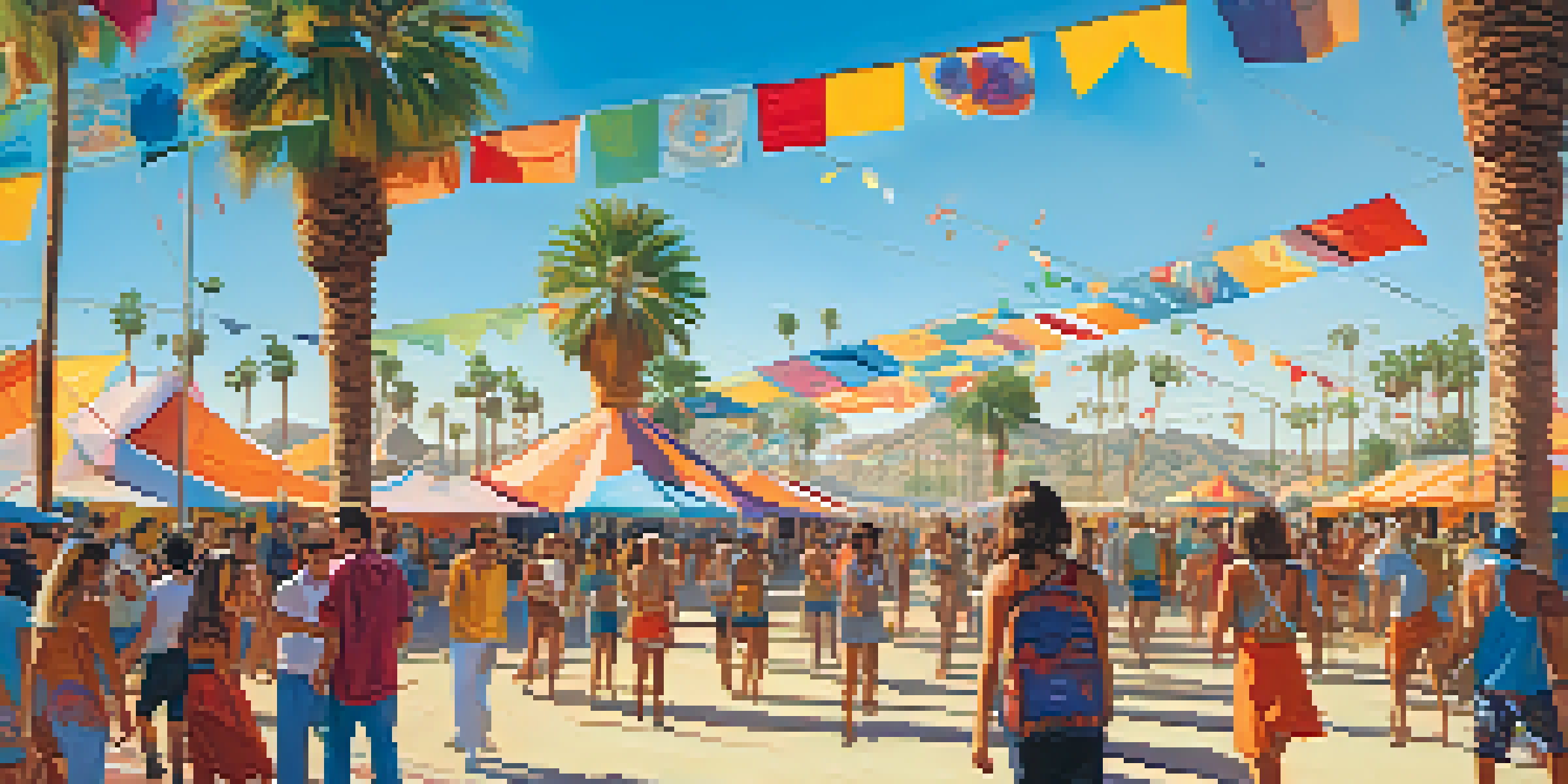 A lively crowd enjoying the Coachella music festival under a sunny sky, with colorful flags and art installations in the background.