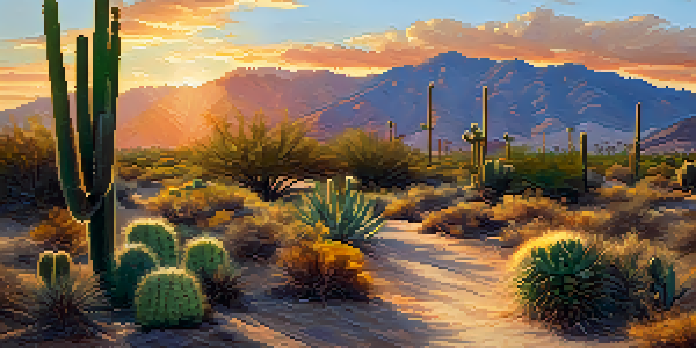 A winding trail in the desert with cacti, leading to mountains under a colorful sunset sky.