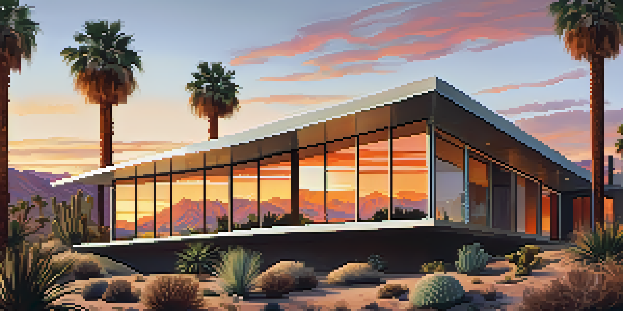 A mid-century modern house with large glass windows, set against a colorful sunset in the Palm Springs desert, surrounded by cacti and palm trees.