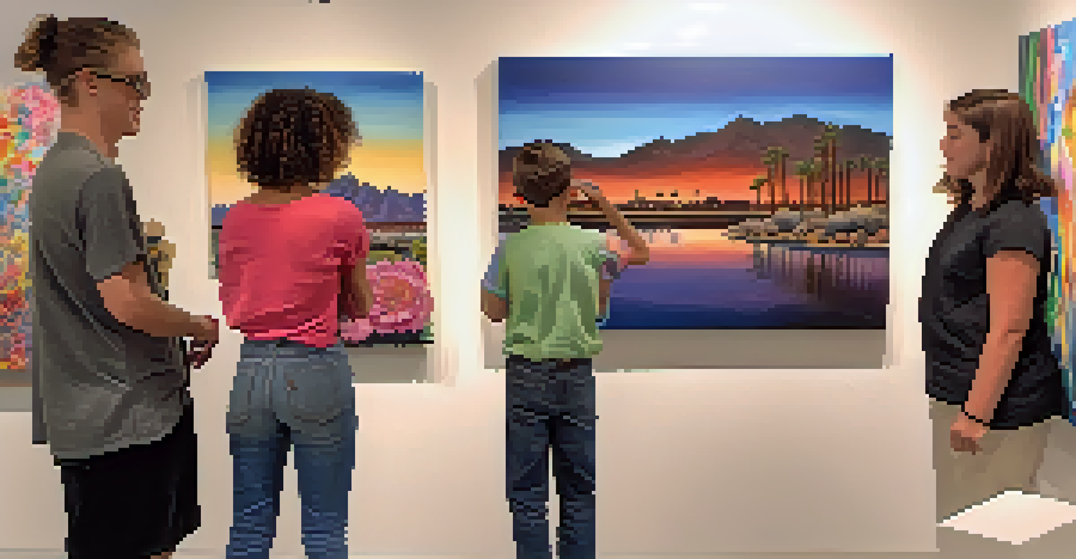 A young artist proudly displays their painting at a gallery opening, surrounded by guests admiring the artwork, creating a sense of community.