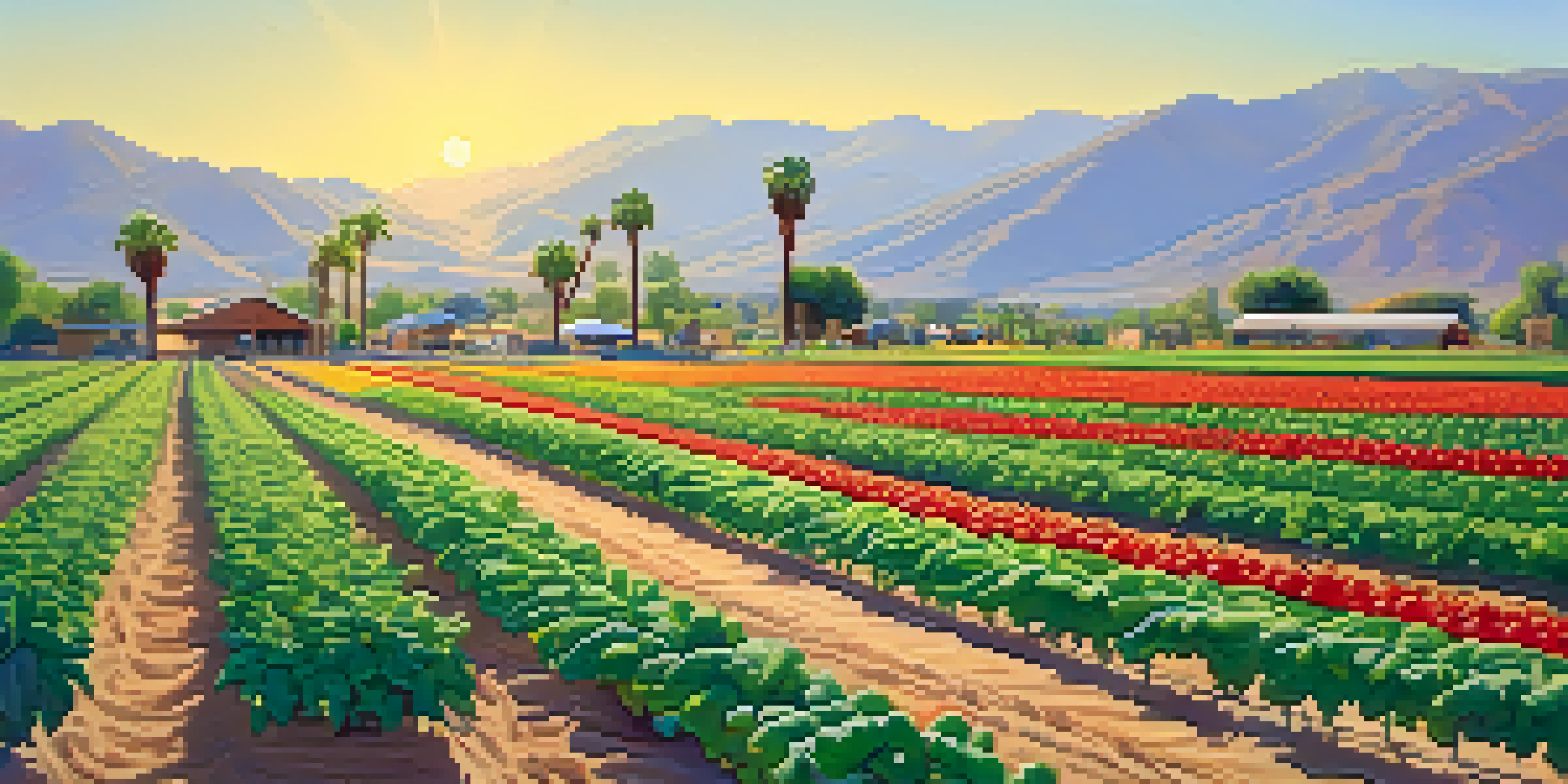 A colorful organic farm in Palm Springs with various fruits and vegetables, and a farmer using drip irrigation.