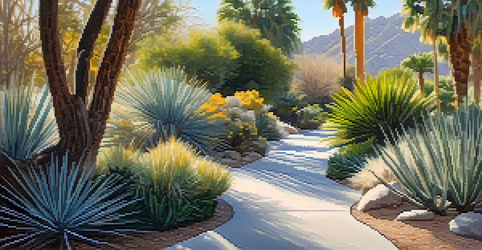 A tranquil winter scene in the Palm Springs Botanical Gardens with a path lined by native plants and soft morning light.