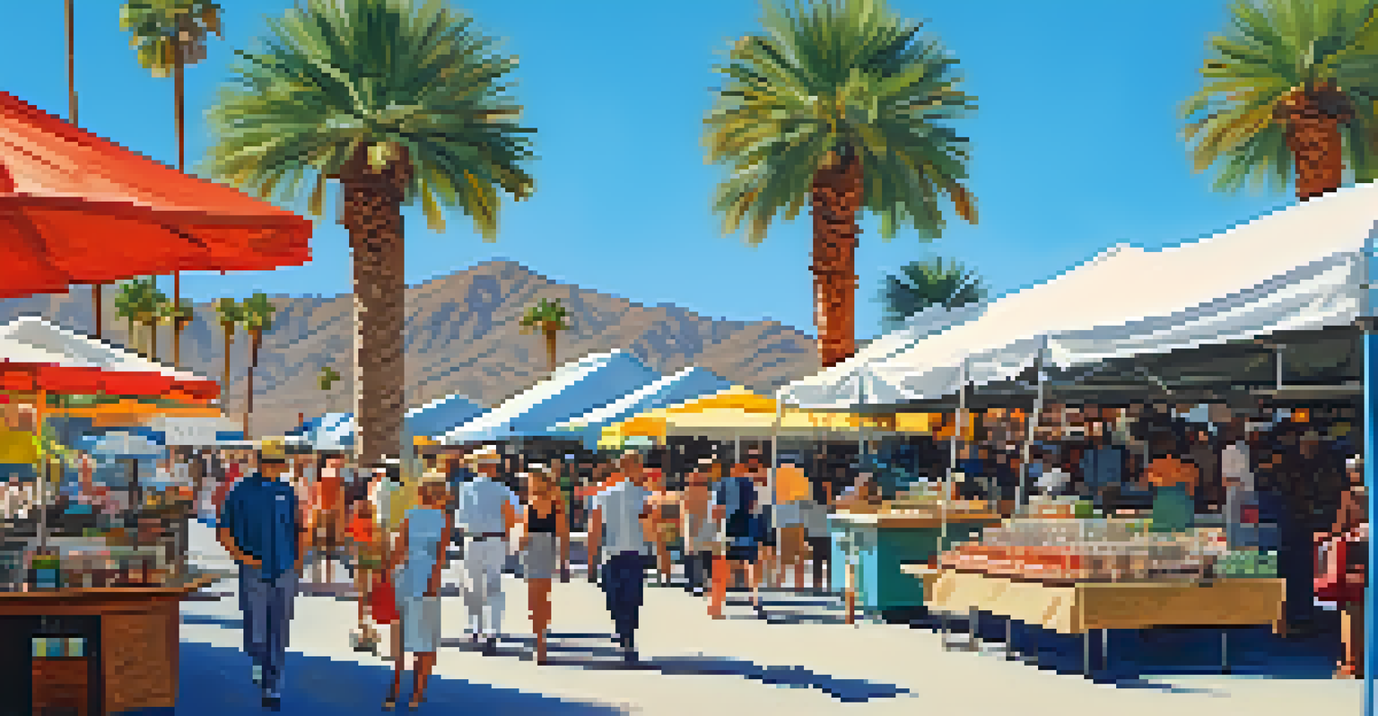 A vibrant outdoor market in Palm Springs with shoppers and colorful vintage decor stalls under sunny skies.