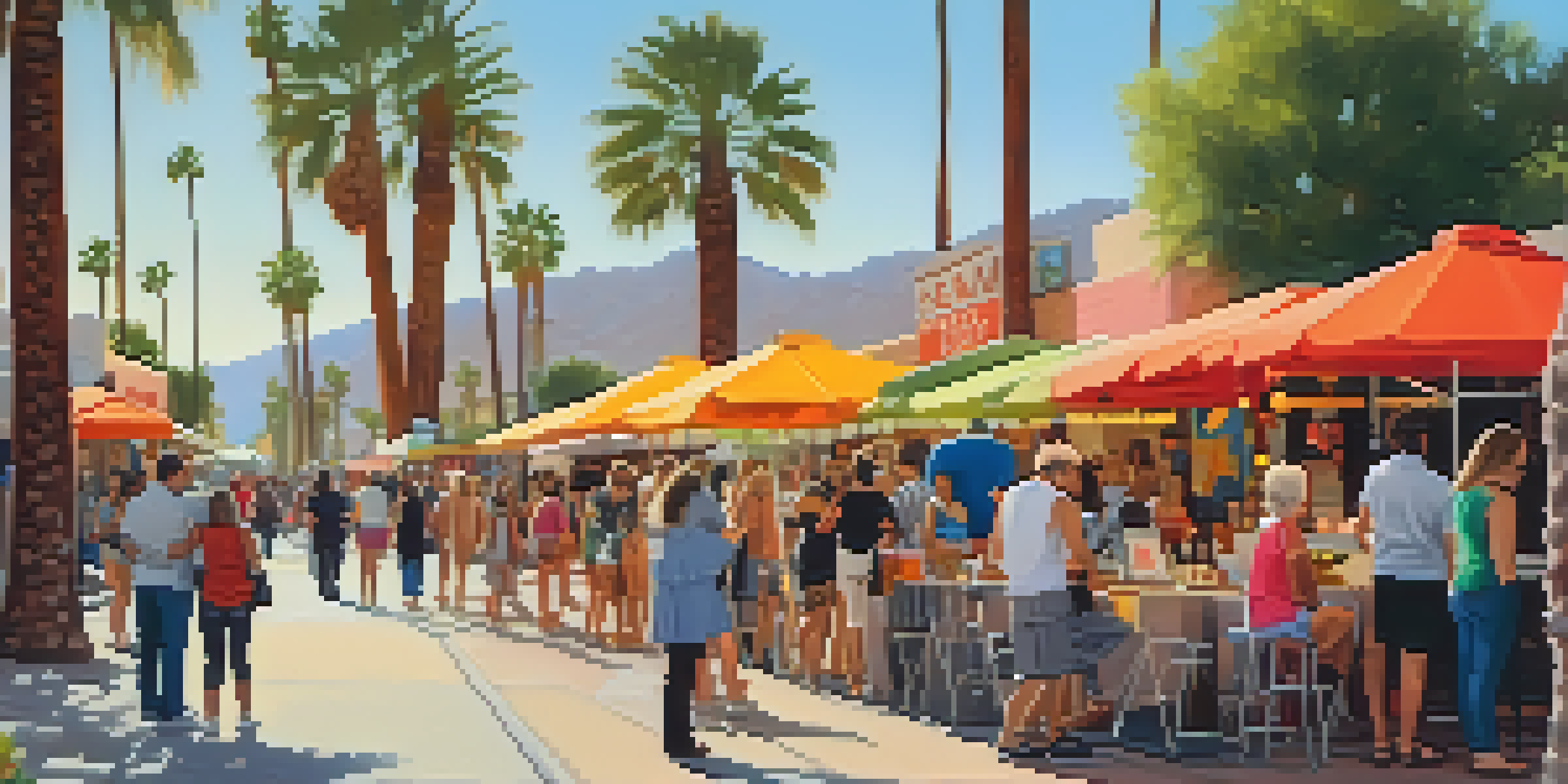 A lively street scene filled with people enjoying the Palm Springs Art Walk, with galleries, food trucks, and musicians creating a festive atmosphere.