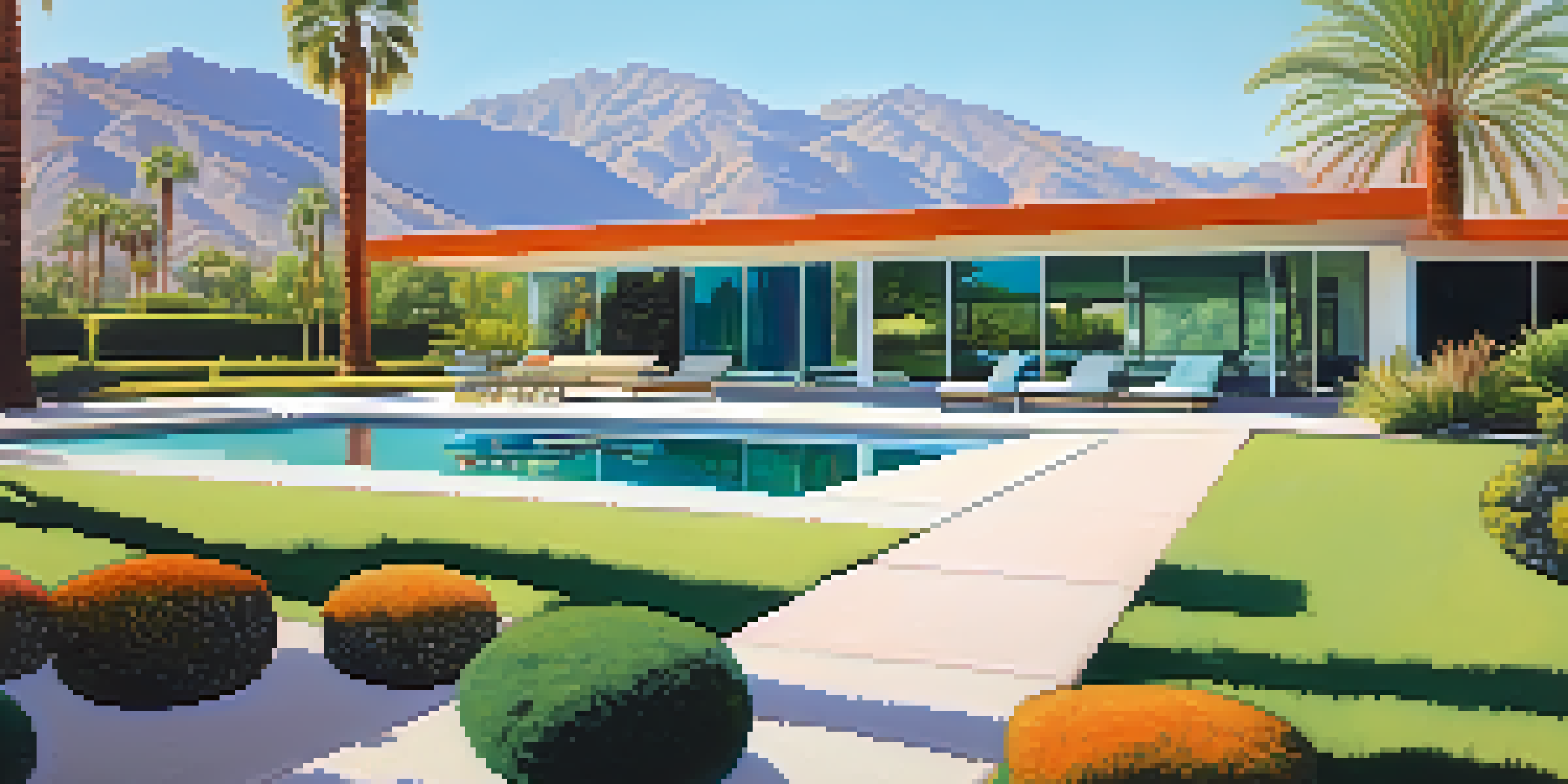 A view of Twin Palms estate with a swimming pool and gardens, featuring mid-century modern architecture against a mountain backdrop.