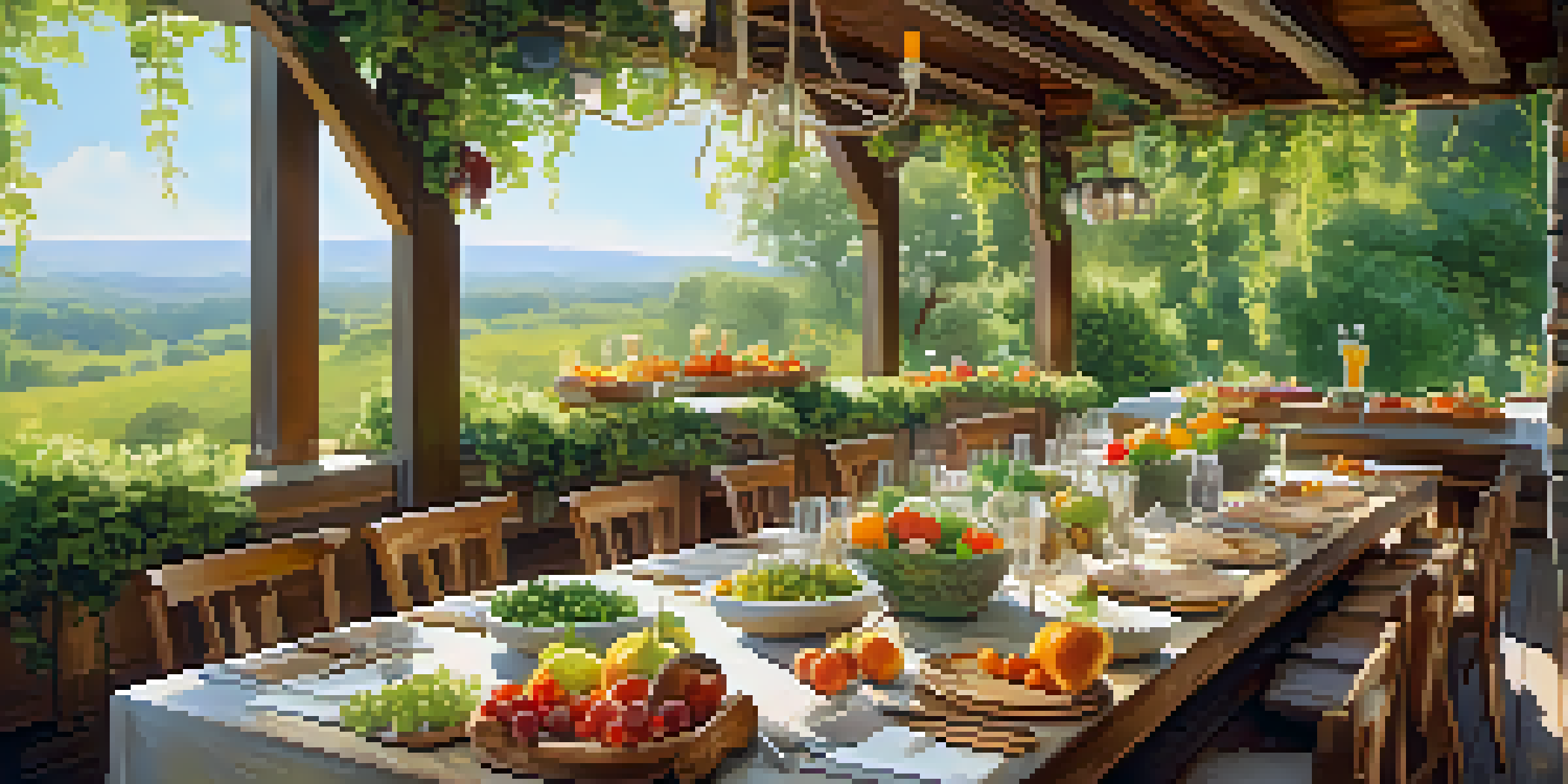 An outdoor dining table set with fresh, colorful dishes made from seasonal ingredients, surrounded by greenery and sunlight.