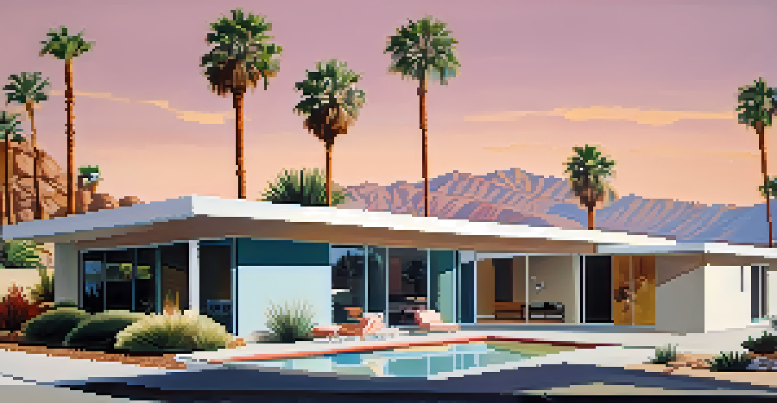 A mid-century modern home with clean lines and large windows, surrounded by palm trees and mountains, bathed in soft sunlight.