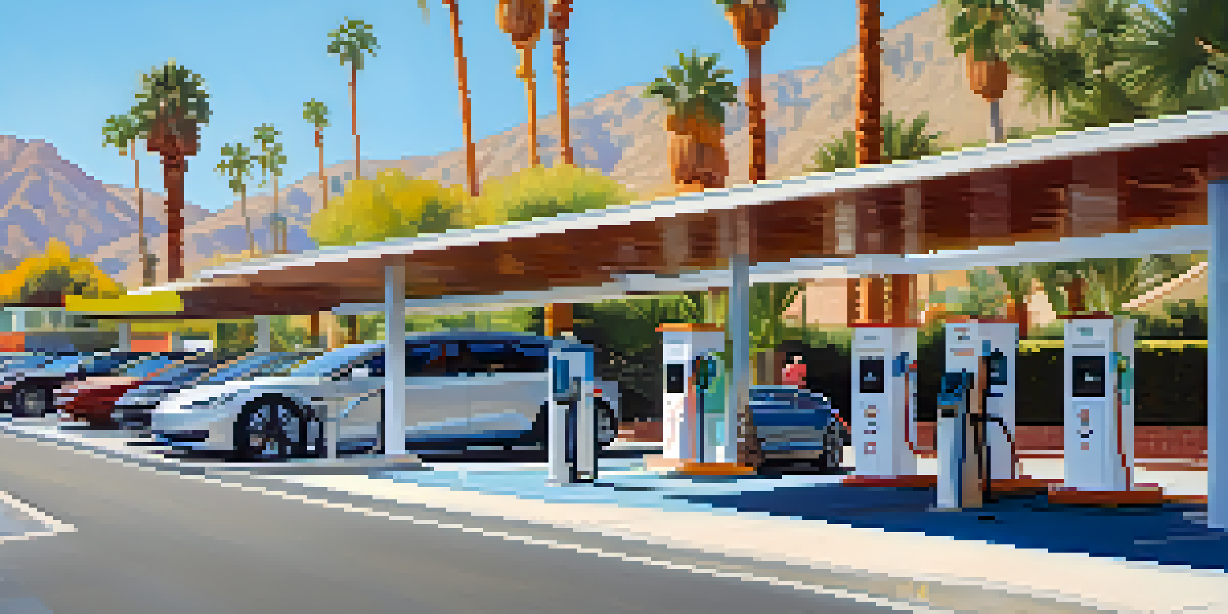 A sunny street in Palm Springs with electric cars charging, palm trees, and people walking and cycling.