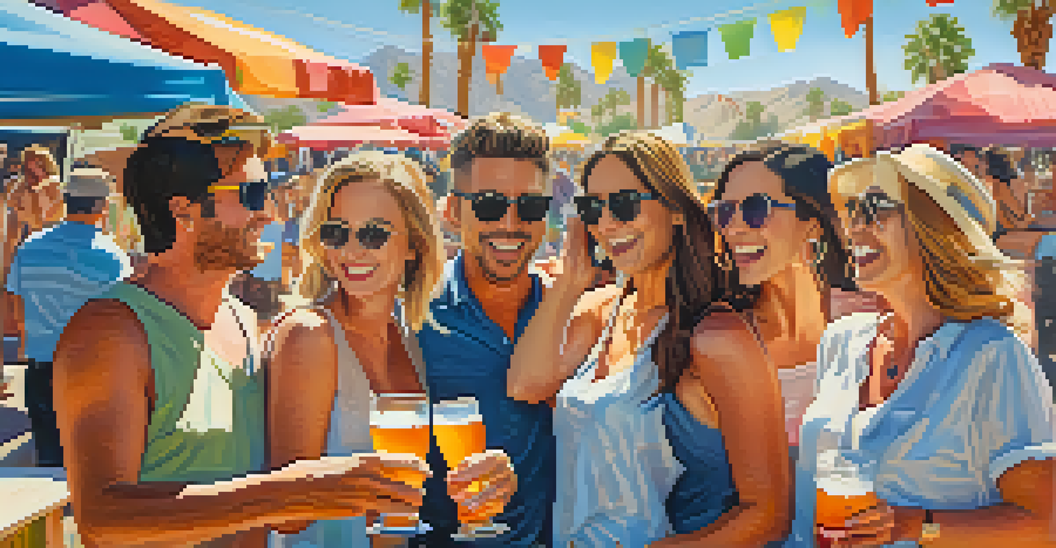 A group of friends toasting with craft beers at a vibrant beer festival in Palm Springs with colorful tents and a sunny atmosphere.