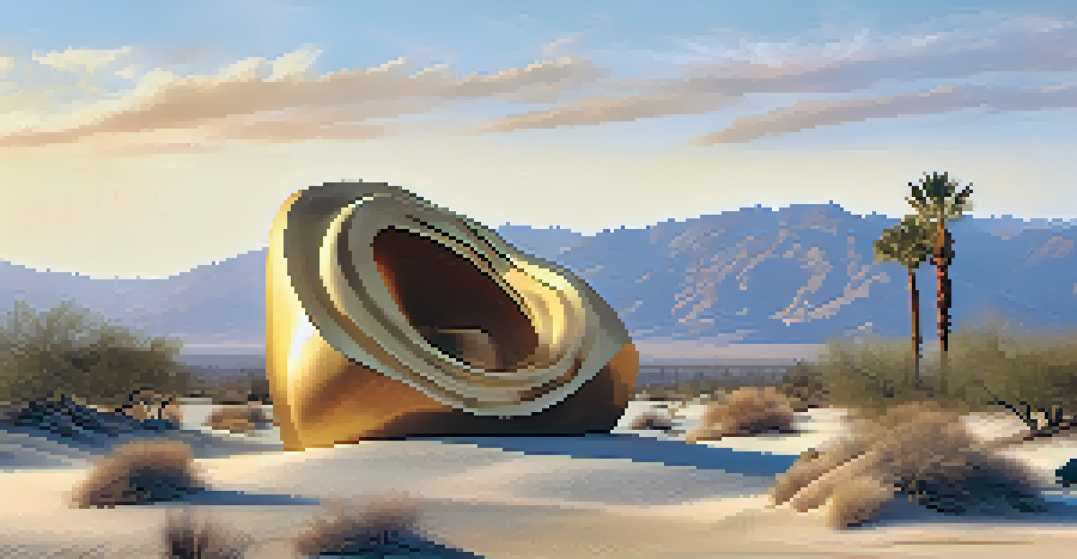 A natural materials sculpture in the Palm Springs desert with rolling sand dunes and golden light.