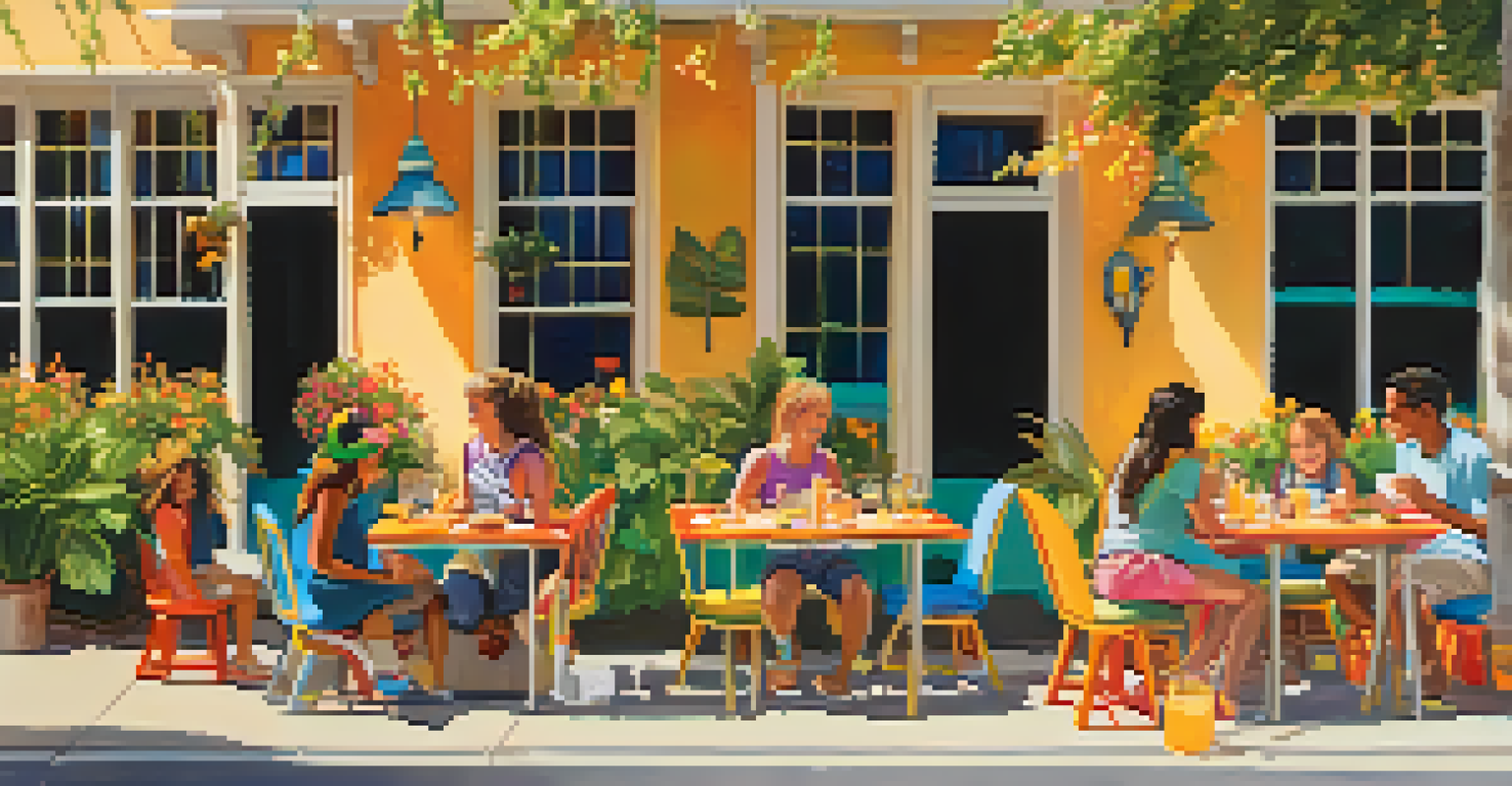 A family enjoying a meal at Lulu California Bistro outdoors, with colorful dishes in a sunny garden setting.