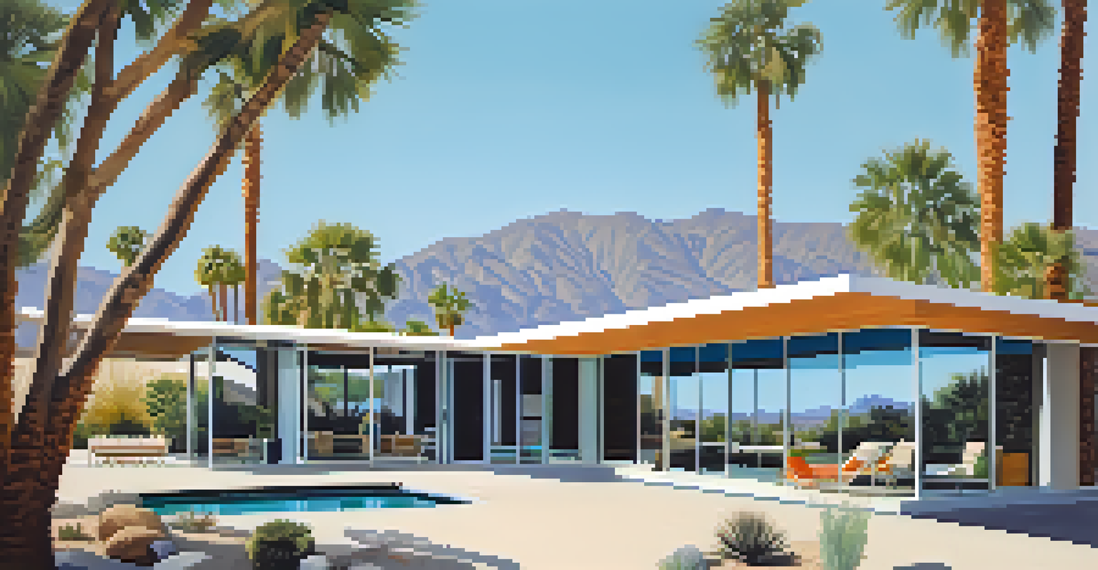 A mid-century modern home in Palm Springs, showcasing large windows and surrounded by Joshua trees against a blue sky.
