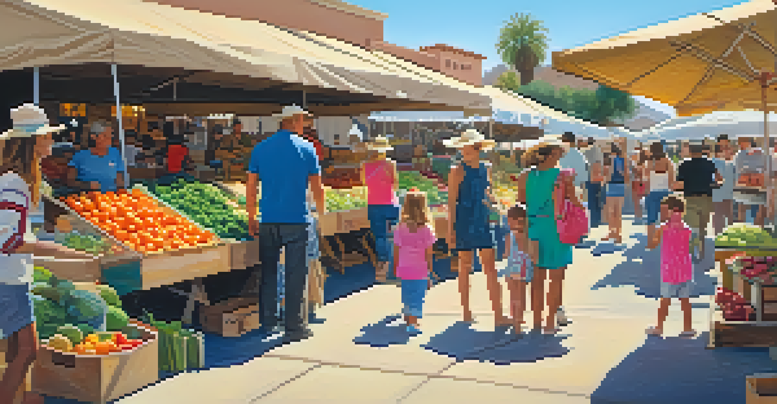 A family-friendly farmers' market in La Quinta with colorful stalls and local musicians in a desert setting.
