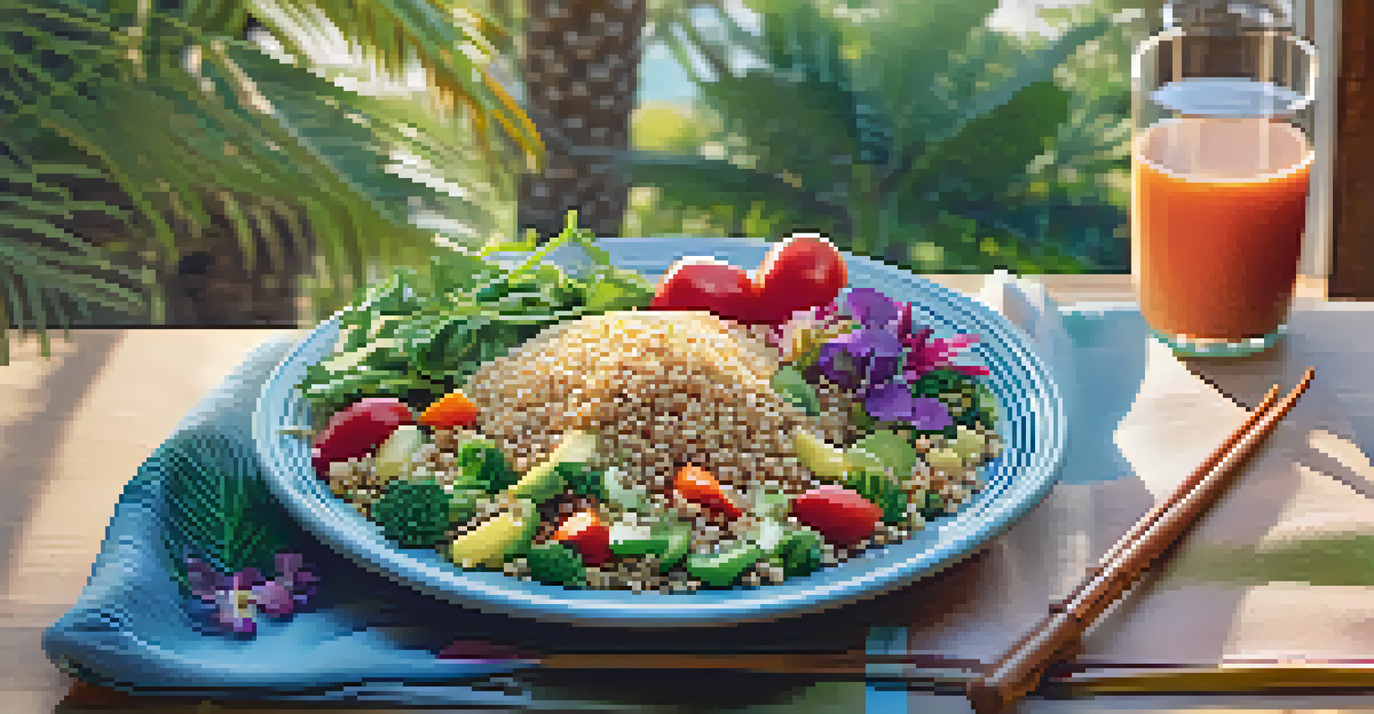 A colorful bowl of quinoa and fresh vegetables served outdoors during a yoga retreat, with palm trees in the background.