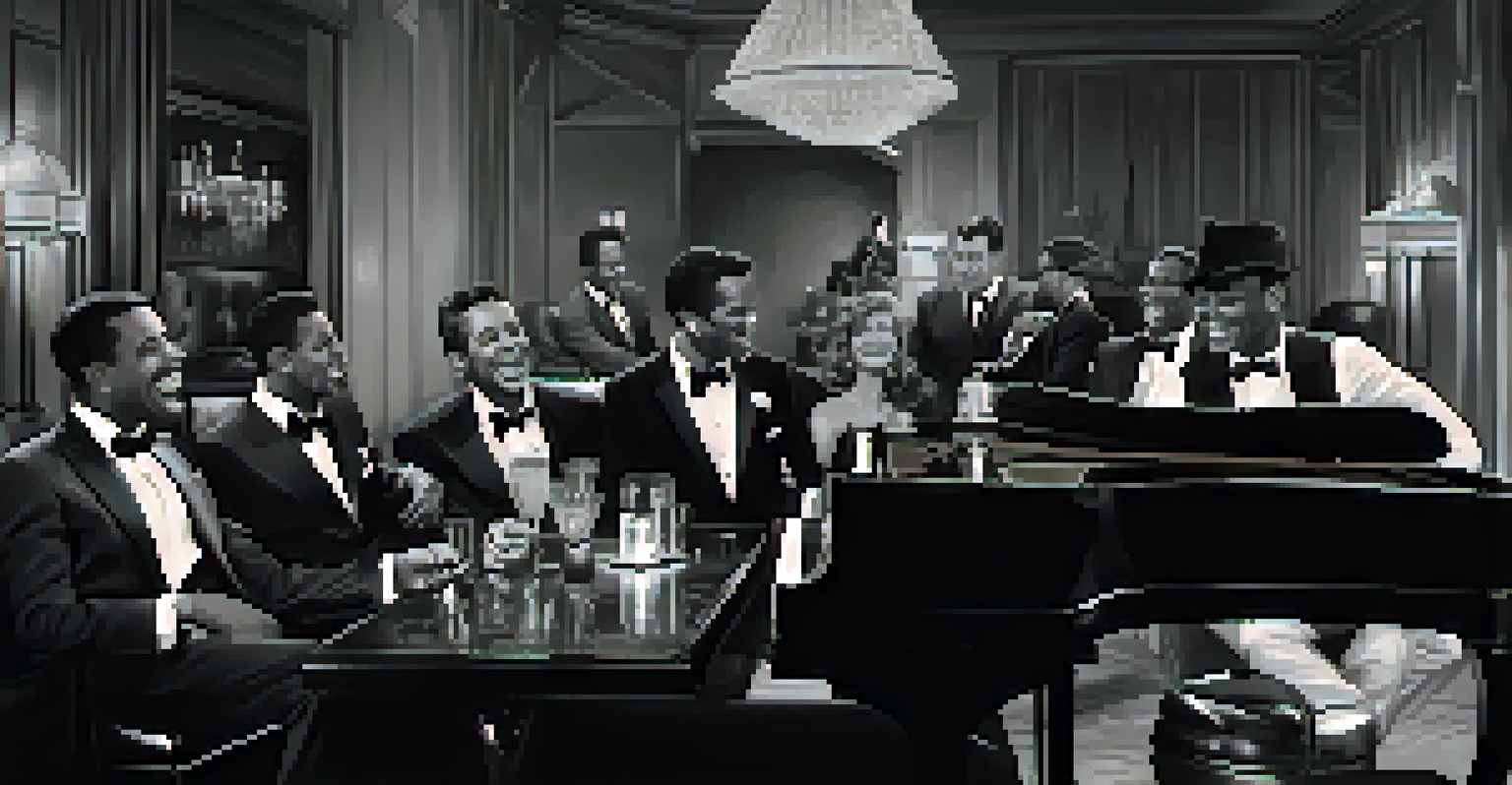 The Rat Pack gathered around a piano in a luxurious lounge, enjoying each other's company.