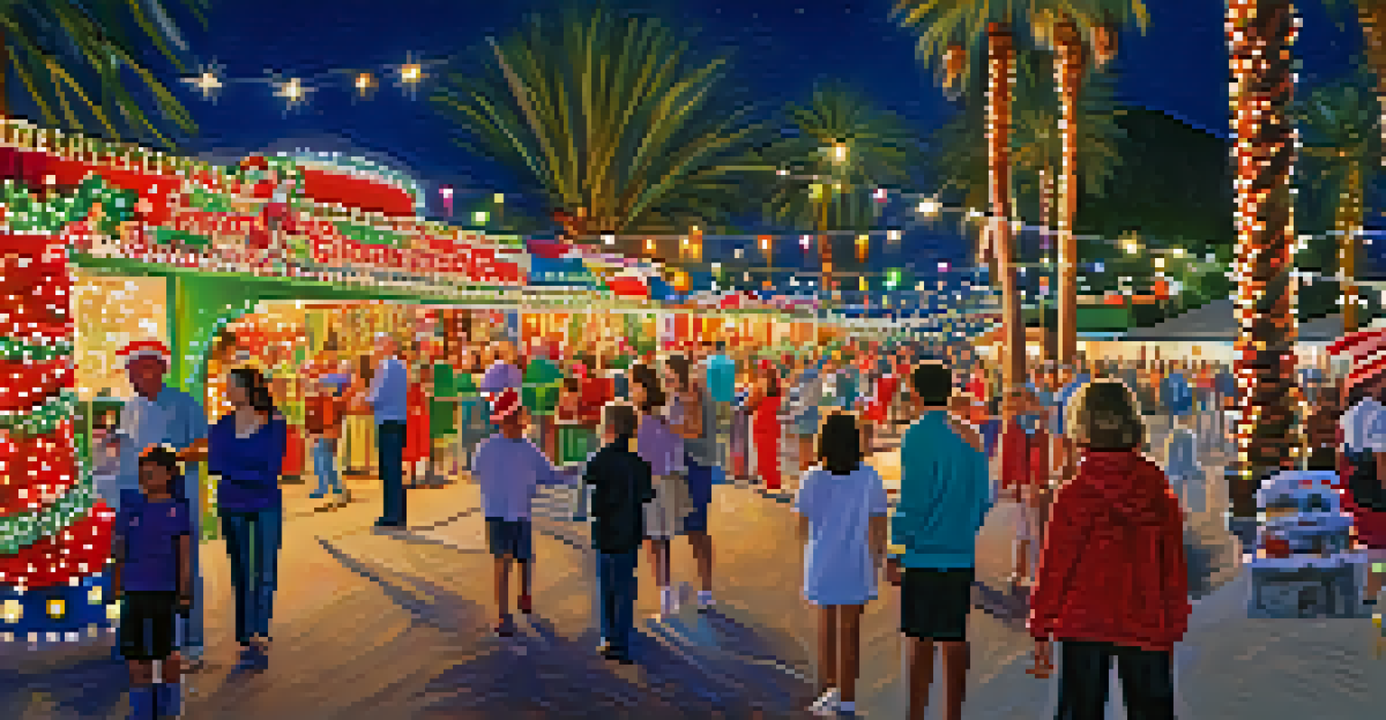 A colorful holiday parade with decorated floats and illuminated lights, showcasing joy and festive spirit in Palm Springs.