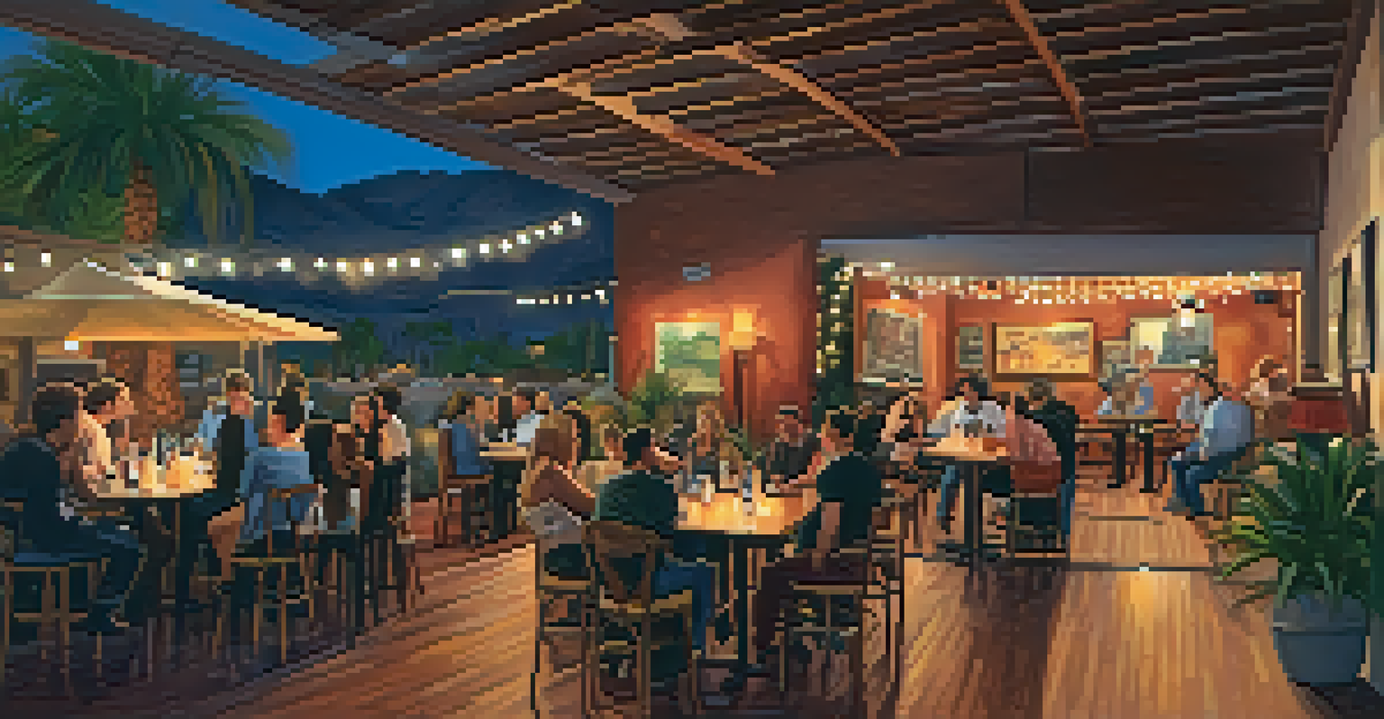 A cozy music venue in Palm Springs with warm lighting and musicians performing acoustic sets in an intimate setting.
