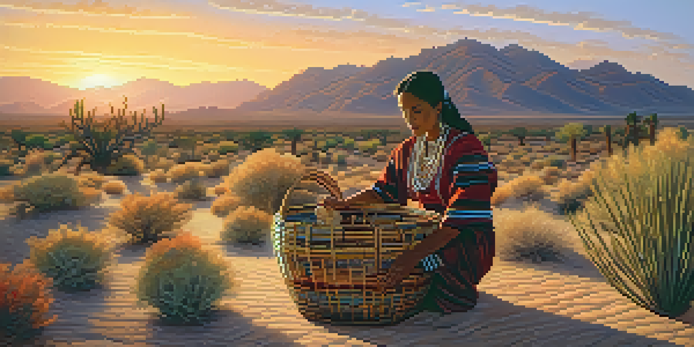 A Cahuilla woman in traditional clothing weaving a basket in the Southern California desert during sunset, with vibrant colors and natural surroundings.