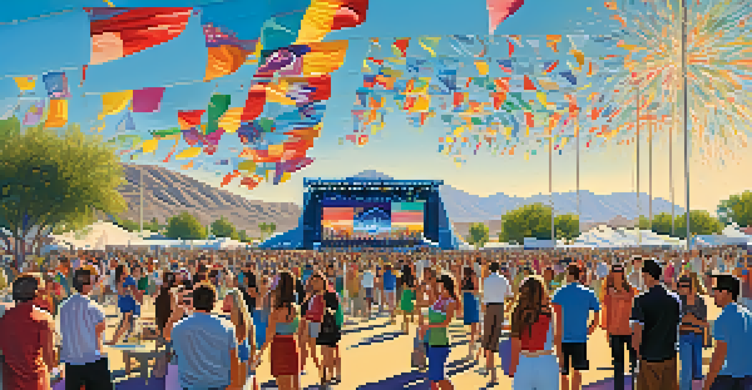 A crowd at the Coachella Valley Music and Arts Festival enjoying live music amidst colorful art installations and a clear blue sky.