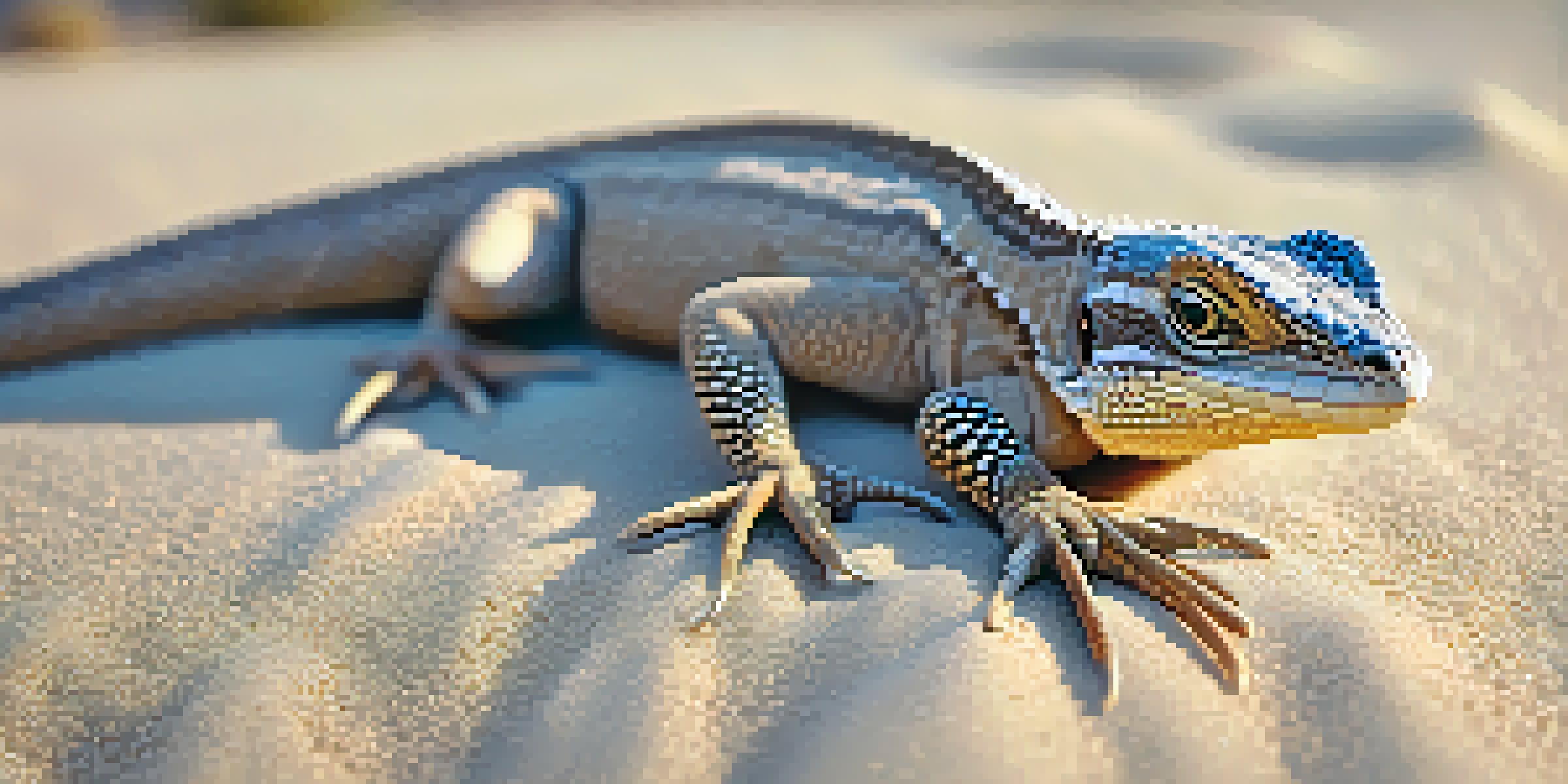 A close-up view of a Coachella Valley fringe-toed lizard on sandy desert terrain, showcasing its scales and the surrounding plants, illuminated by sunlight.