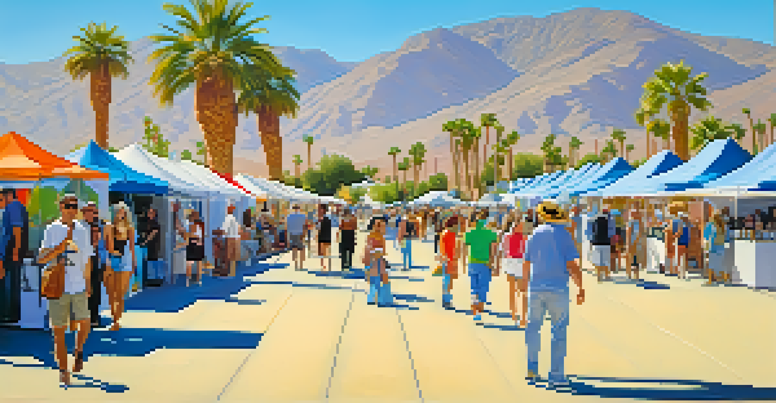 An outdoor art fair in Palm Springs with colorful tents showcasing artworks and visitors exploring the booths.
