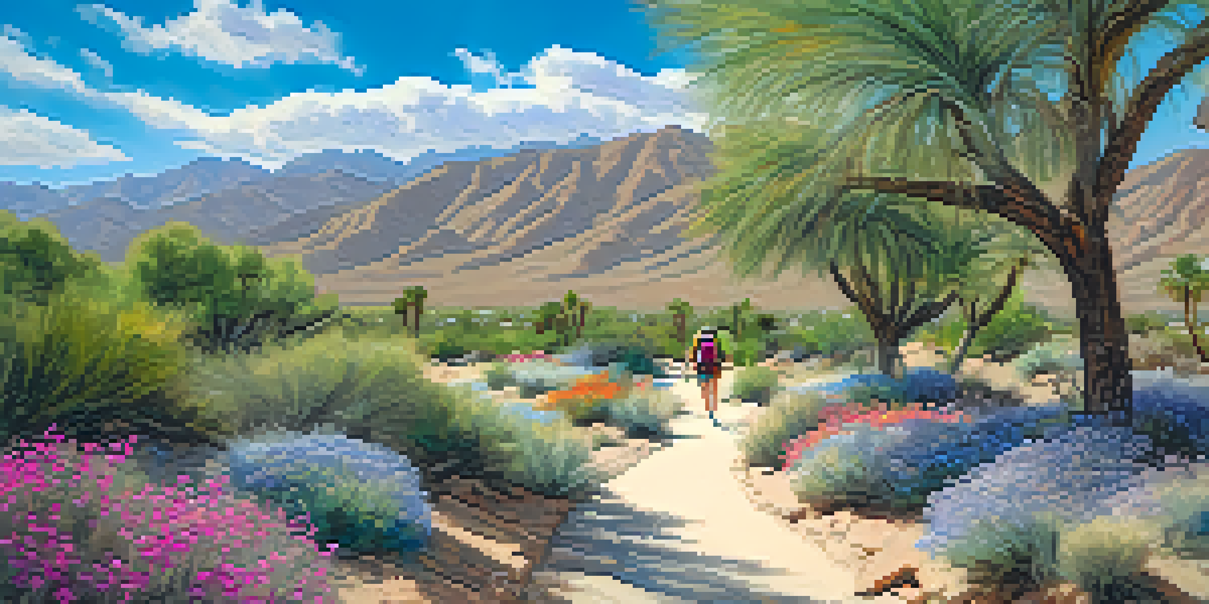 A peaceful hiking trail in Palm Springs with hikers, desert mountains, and colorful wildflowers under a blue sky.