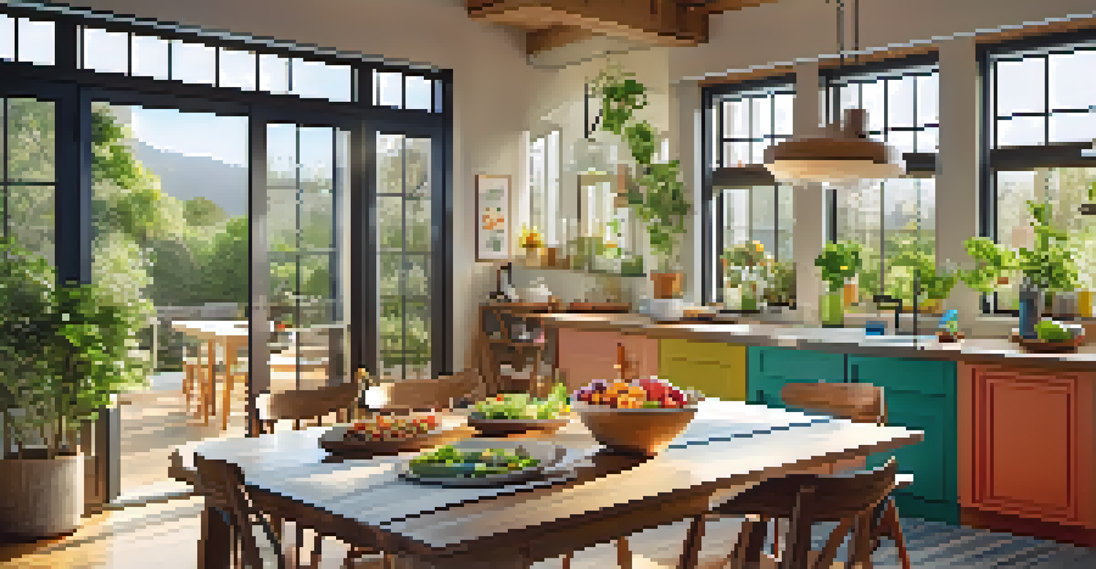 A bright kitchen with a wooden table filled with colorful plant-based meals and fresh ingredients.
