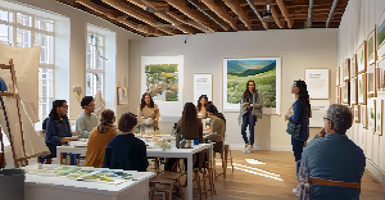 An educational workshop on sustainable fashion with participants engaged in discussions and activities, surrounded by eco-friendly fabrics and warm lighting.