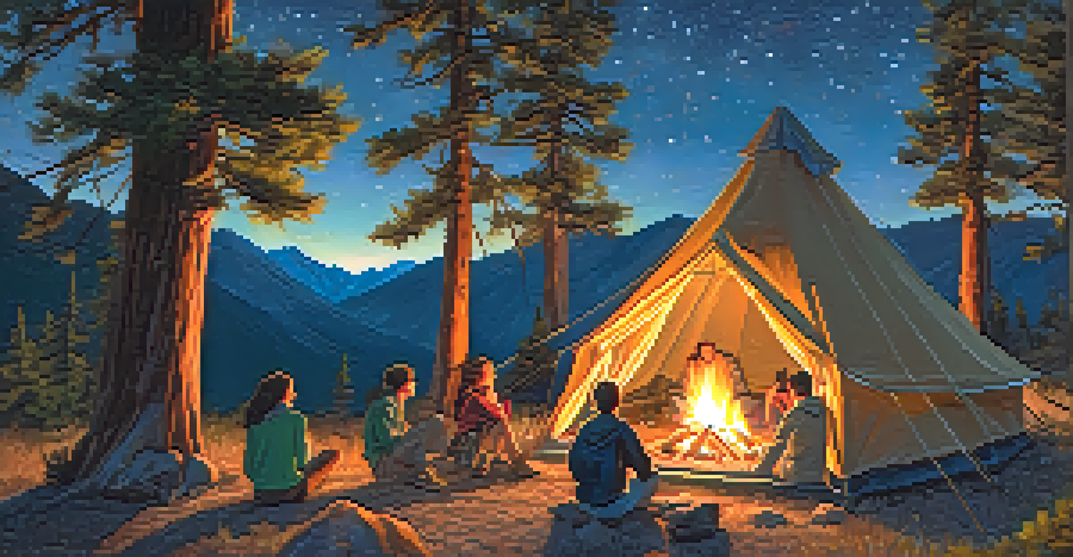 A group of friends camping under a starry night sky with a glowing campfire.