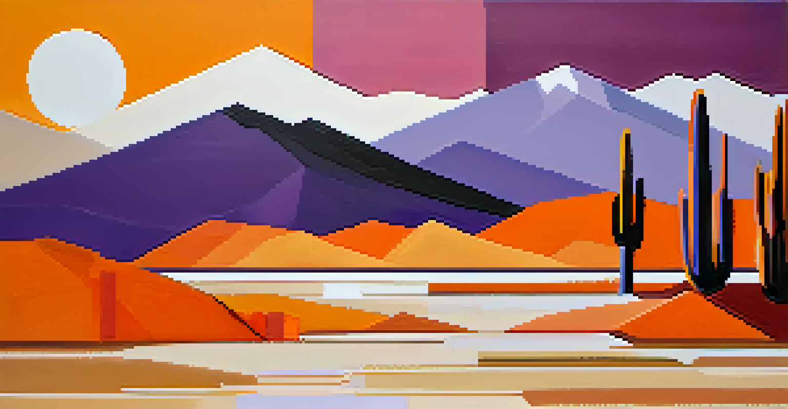 An abstract landscape painting of the Palm Springs desert, with geometric shapes in warm colors, evoking the region's mountains and valleys under soft natural light.
