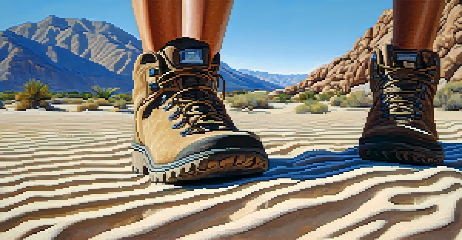 Close-up of a hiker's feet in sturdy boots on a sandy trail in Palm Springs, highlighting the texture of the sand.