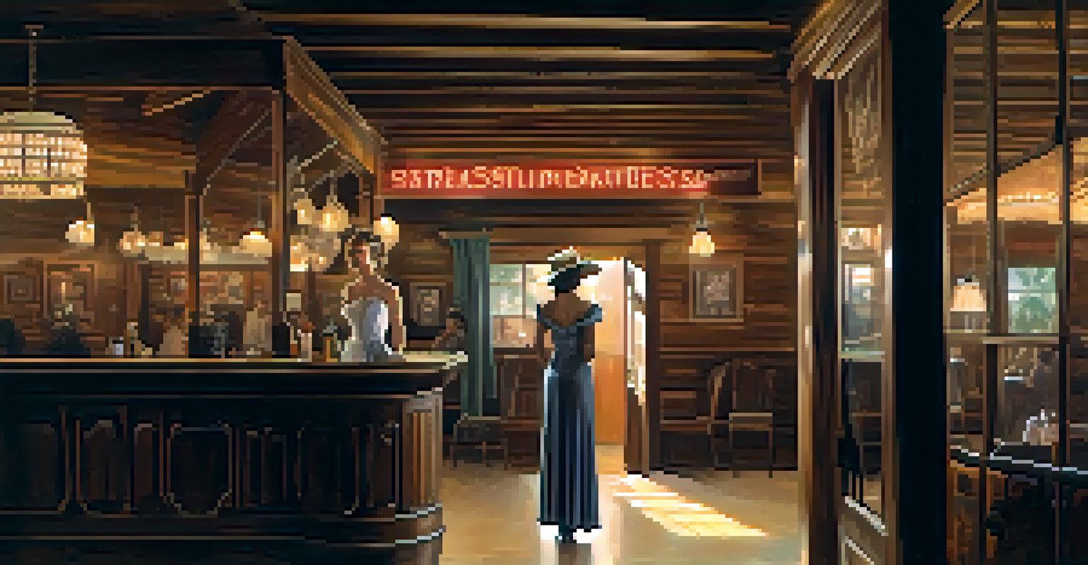 A ghostly woman in vintage attire near a saloon entrance, with rustic decor and fascinated patrons in the background.