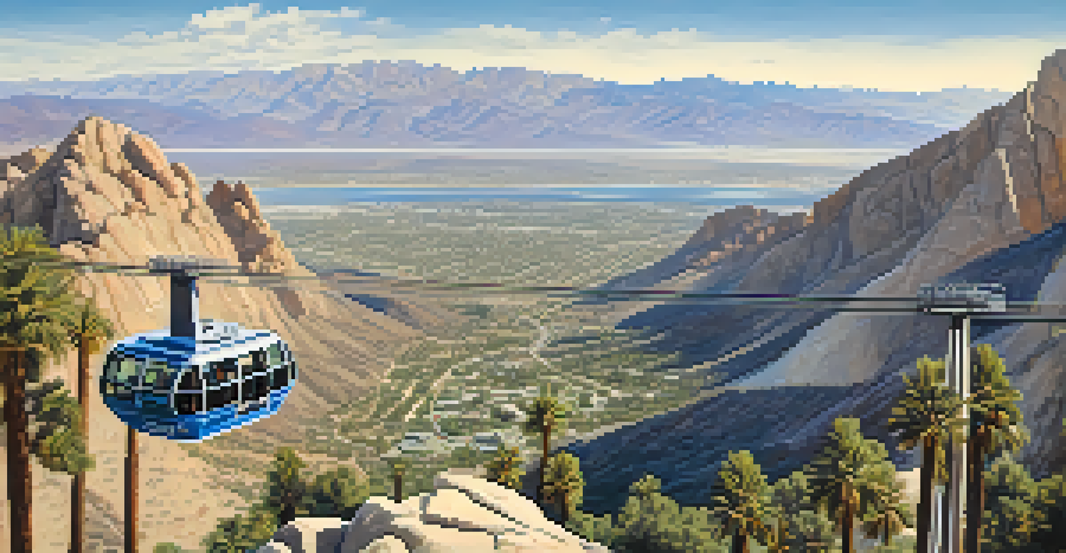 Aerial view of mountains and desert from a tramway, with families enjoying the scenic landscape.