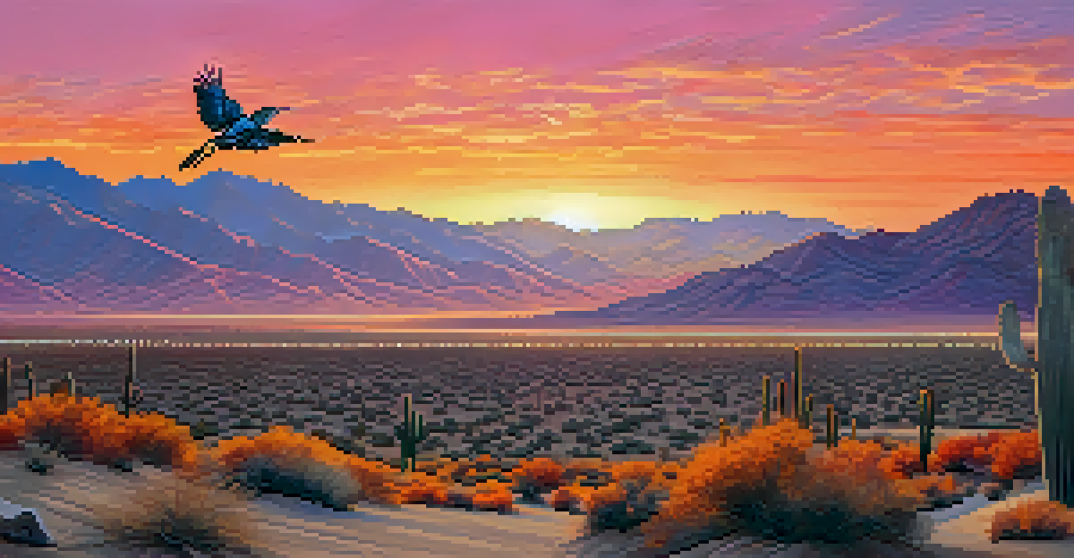 A panoramic sunset view of Coachella Valley Preserve, with a roadrunner in the foreground and the sky glowing orange and pink, creating a breathtaking desert landscape.