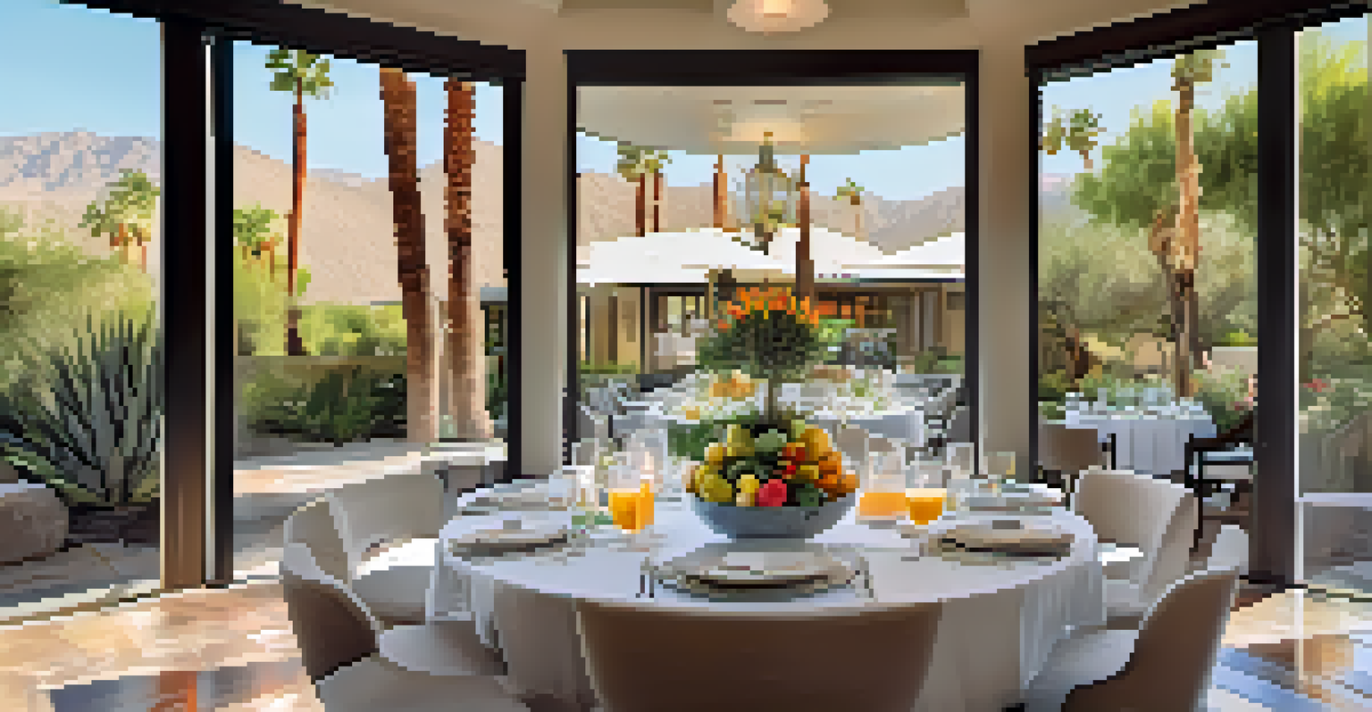 A dining table at a luxury spa resort with fresh, colorful dishes and natural light streaming through windows.
