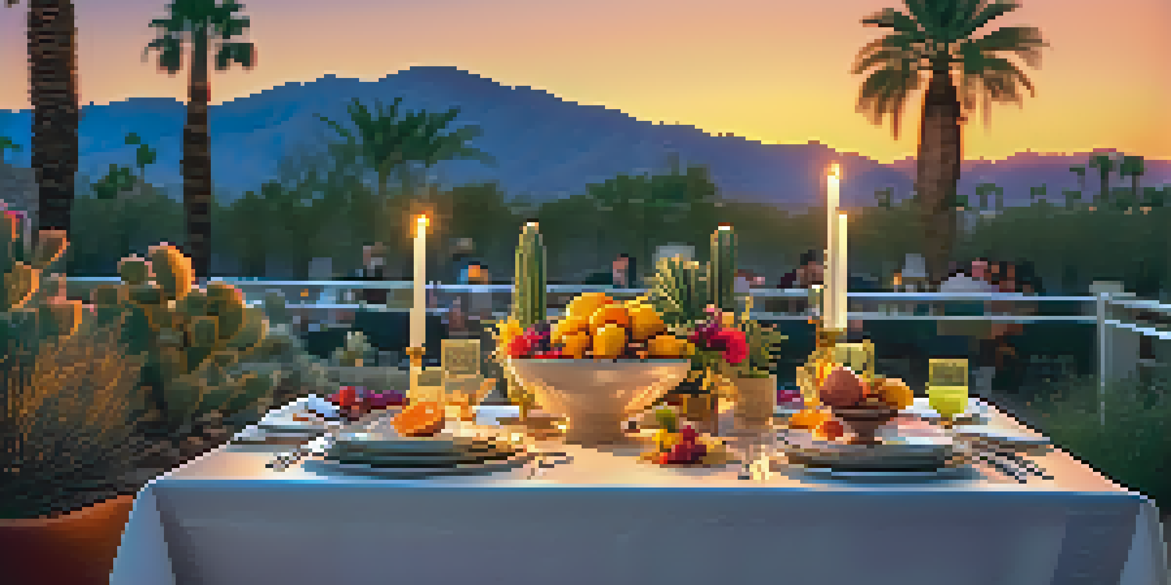 An outdoor dining setup in Palm Springs with a table filled with colorful dishes, surrounded by desert plants and a sunset sky.